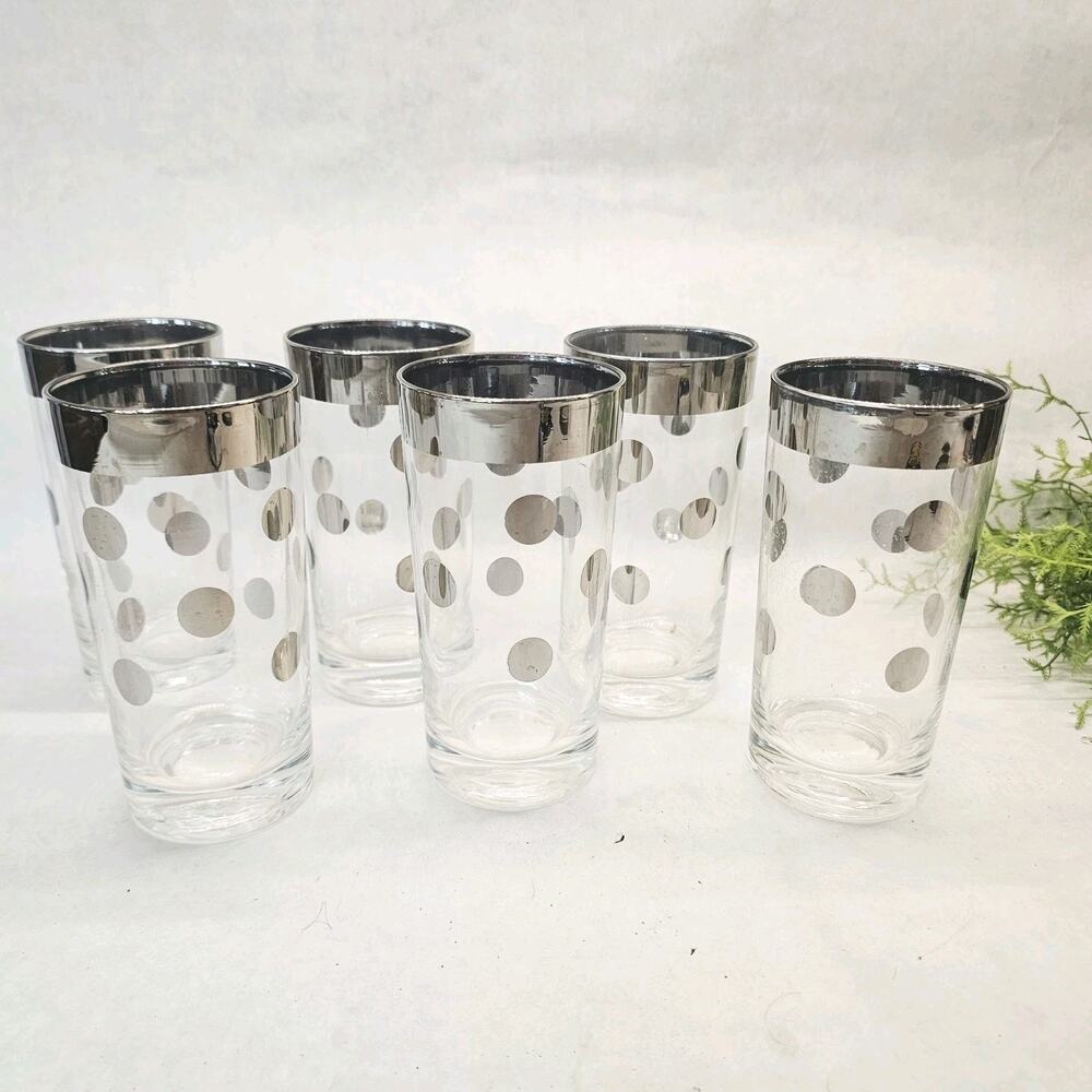 6 MCM Dorothy Thorpe 1960’s Highball Tumbler Glasses Silver Rim Polka Dots Retro